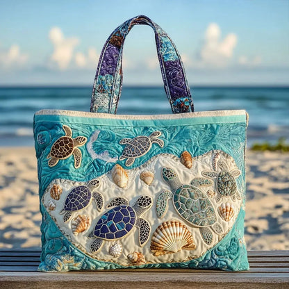Quilted Tote Bag - Turtles and Seashells