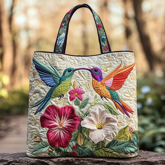 Quilted Tote Bag - Two Hummingbirds in Flight