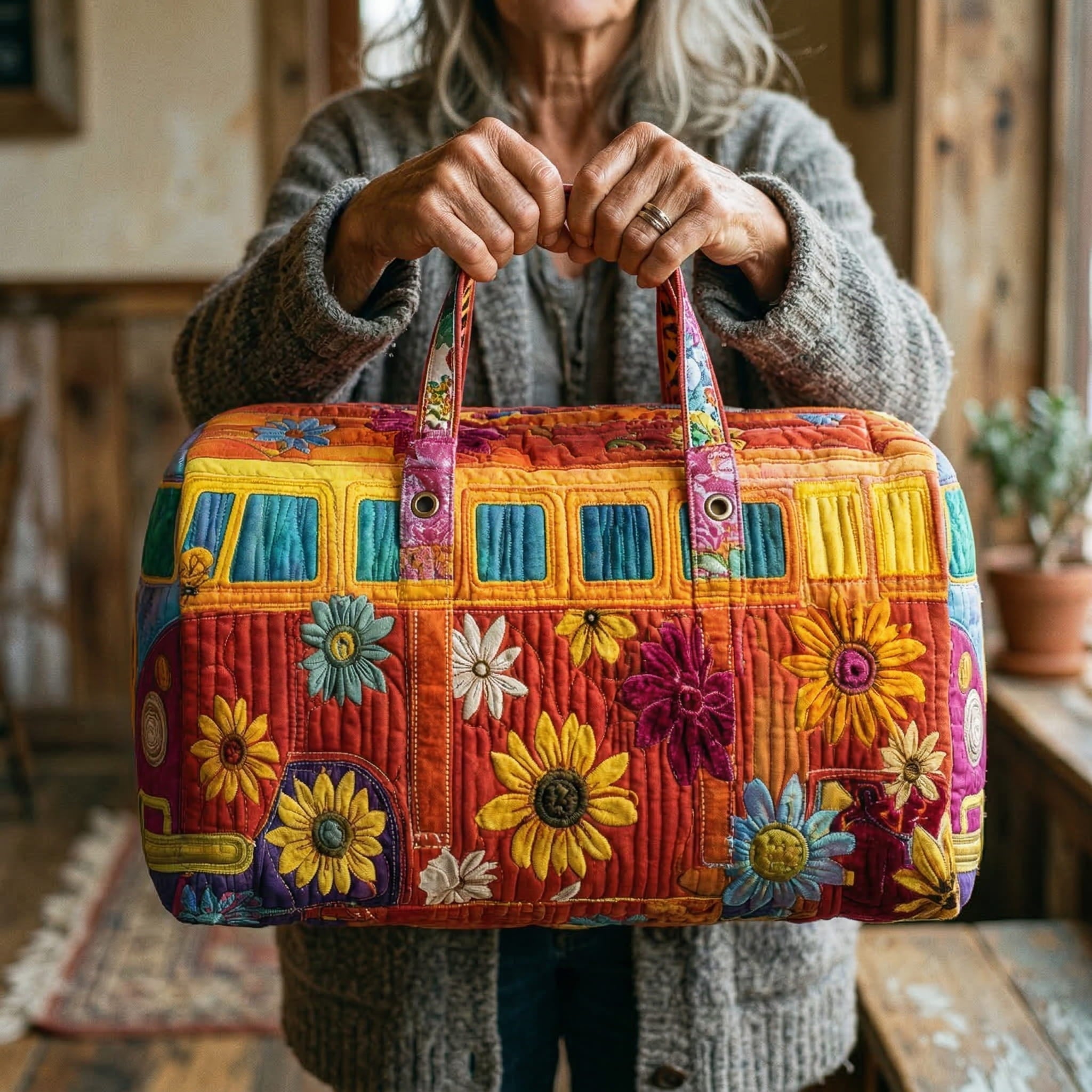 Quilted Travel Bag - Peace and Flowers Camper