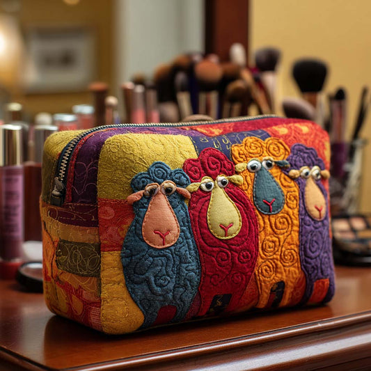 Zoë - Quilted Toiletry Bag - Embroidered Rainbow Sheep