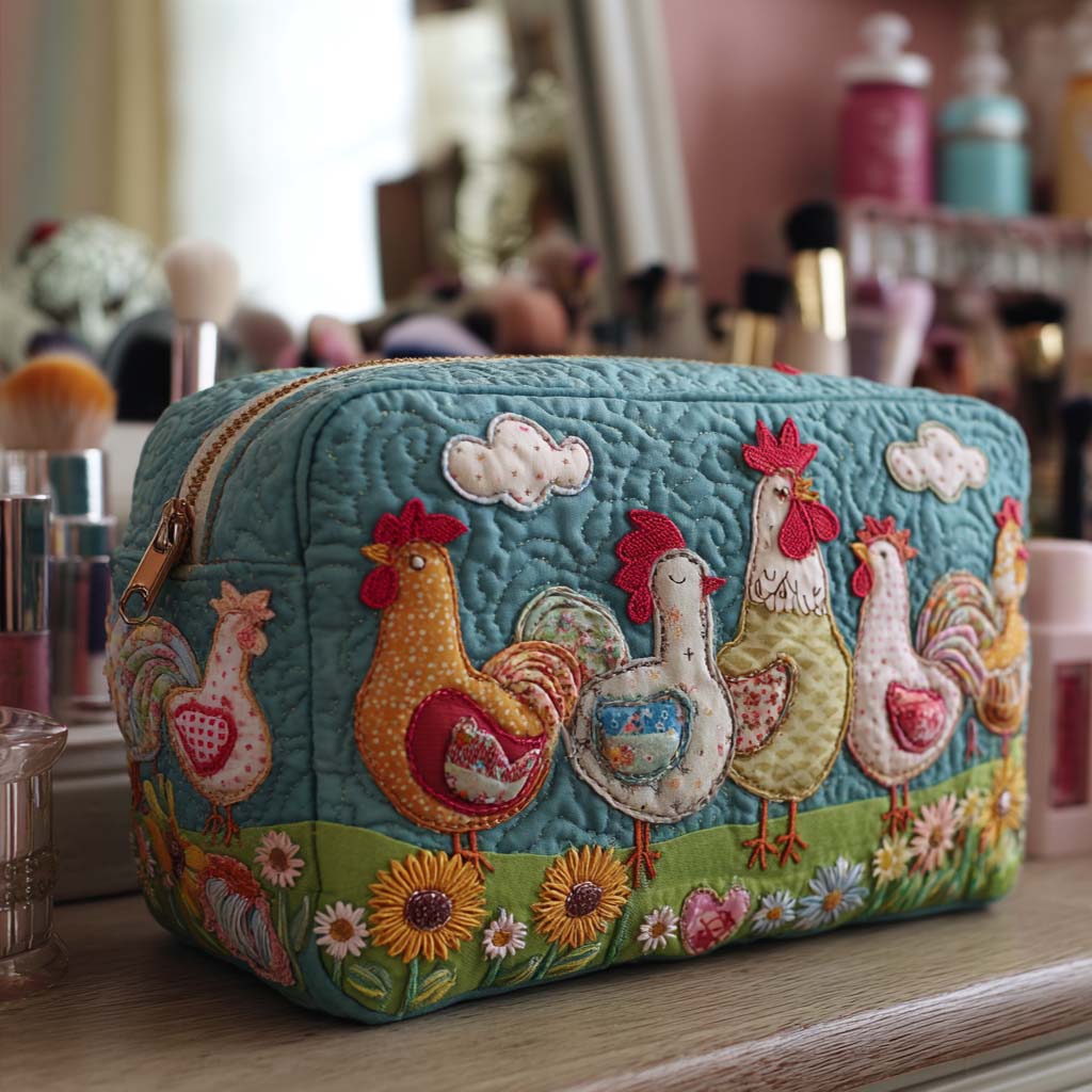 Rosalind - Quilted Toiletry Bag - Embroidered Chickens in Garden
