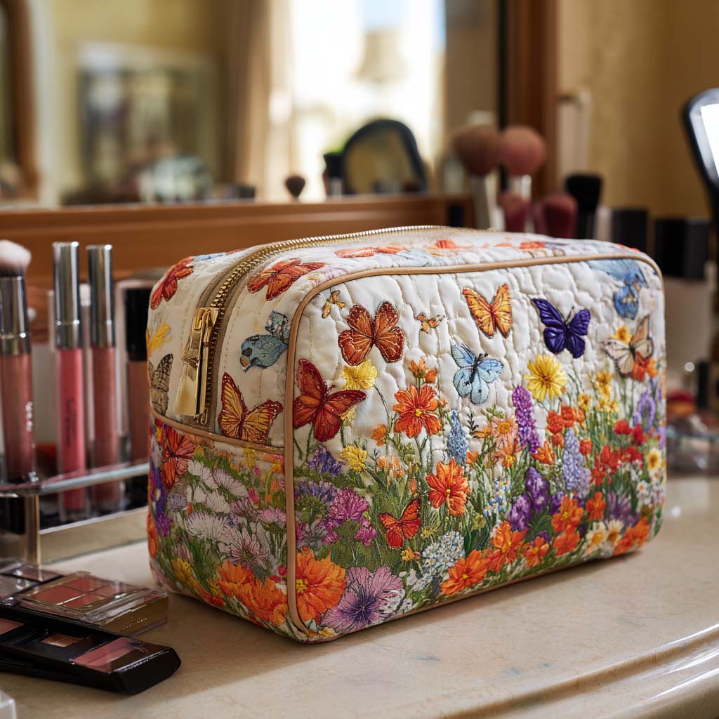 Tatum - Quilted Toiletry Bag - Embroidered Floral Pattern