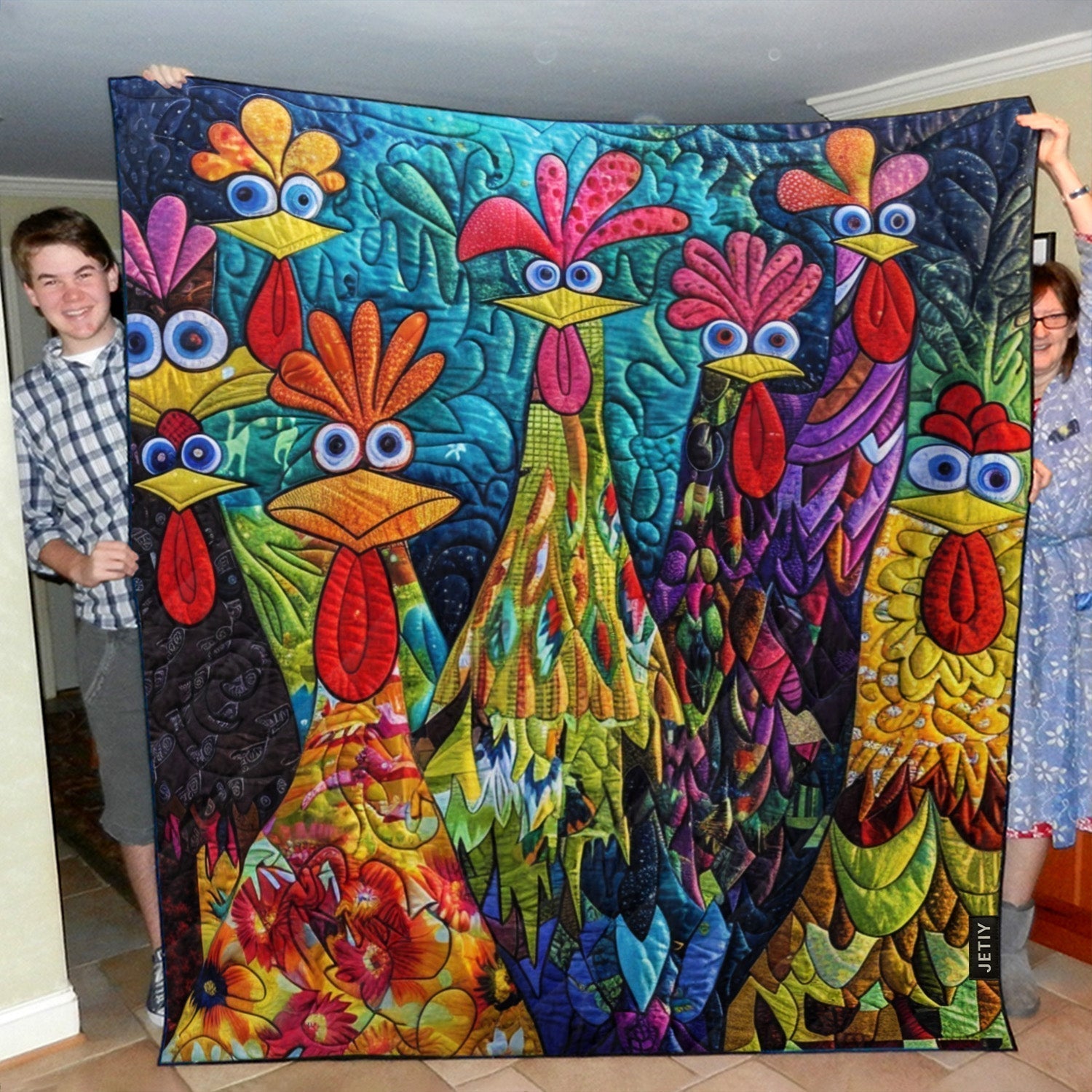 Floor - Quilted Blanket - Whimsical Chickens