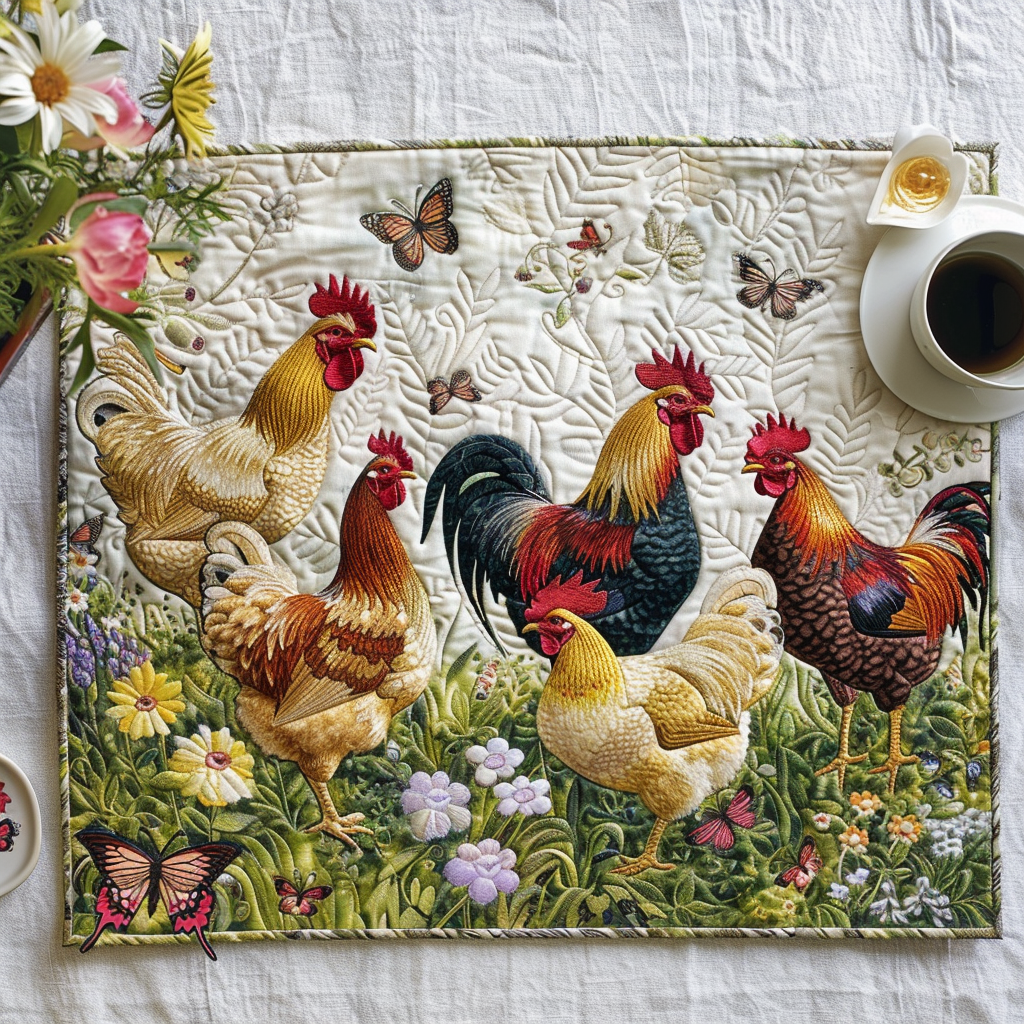 Winifred - Quilted Placemat - Enchanting Chickens & Flowers