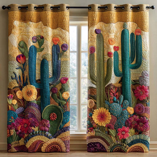 Zora - Quilted Curtains - Turquoise Cactus Flower