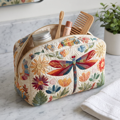 Etta - Quilted Toiletry Bag - Quilted Dragonfly in Sky Blue