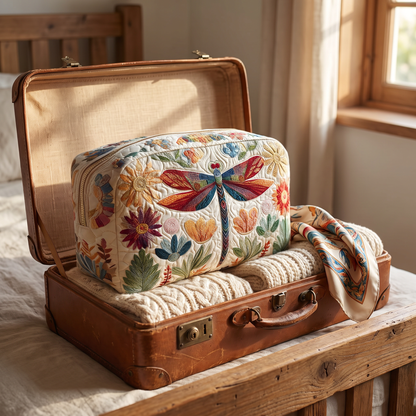 Etta - Quilted Toiletry Bag - Quilted Dragonfly in Sky Blue