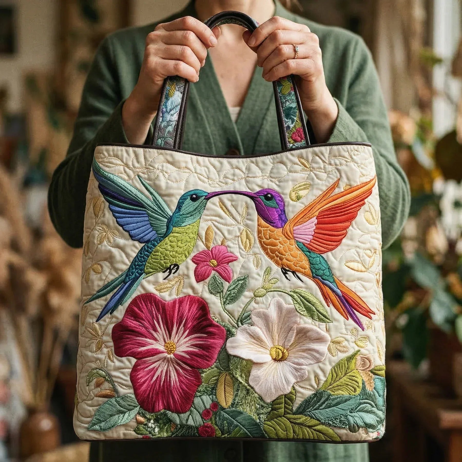 Lined Tote Bag - Hummingbird and White Flowers