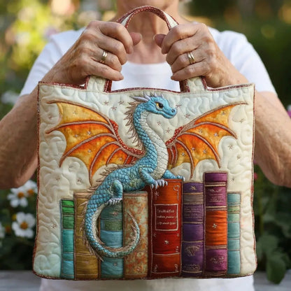 Quilted Tote Bag - Emerald Book Dragon