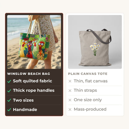 Handmade Beach Bag - Farmyard Roosters compared with a plain canvas tote