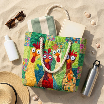 Handmade Beach Bag - Farmyard Roosters flat lay with beach essentials