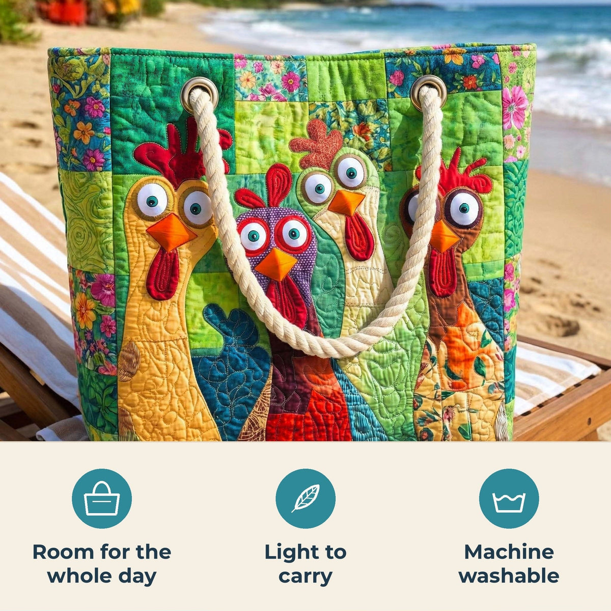 Handmade Beach Bag - Farmyard Roosters features infographic