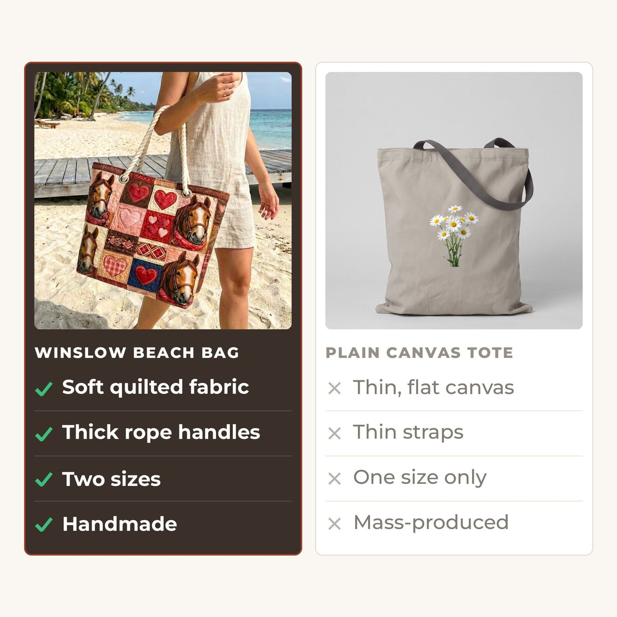 Handmade Beach Bag - Horses and Hearts compared with a plain canvas tote