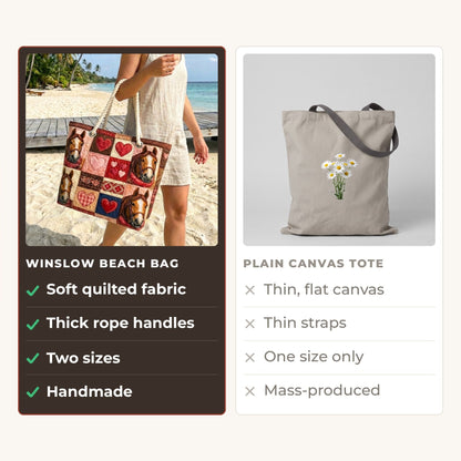 Handmade Beach Bag - Horses and Hearts compared with a plain canvas tote