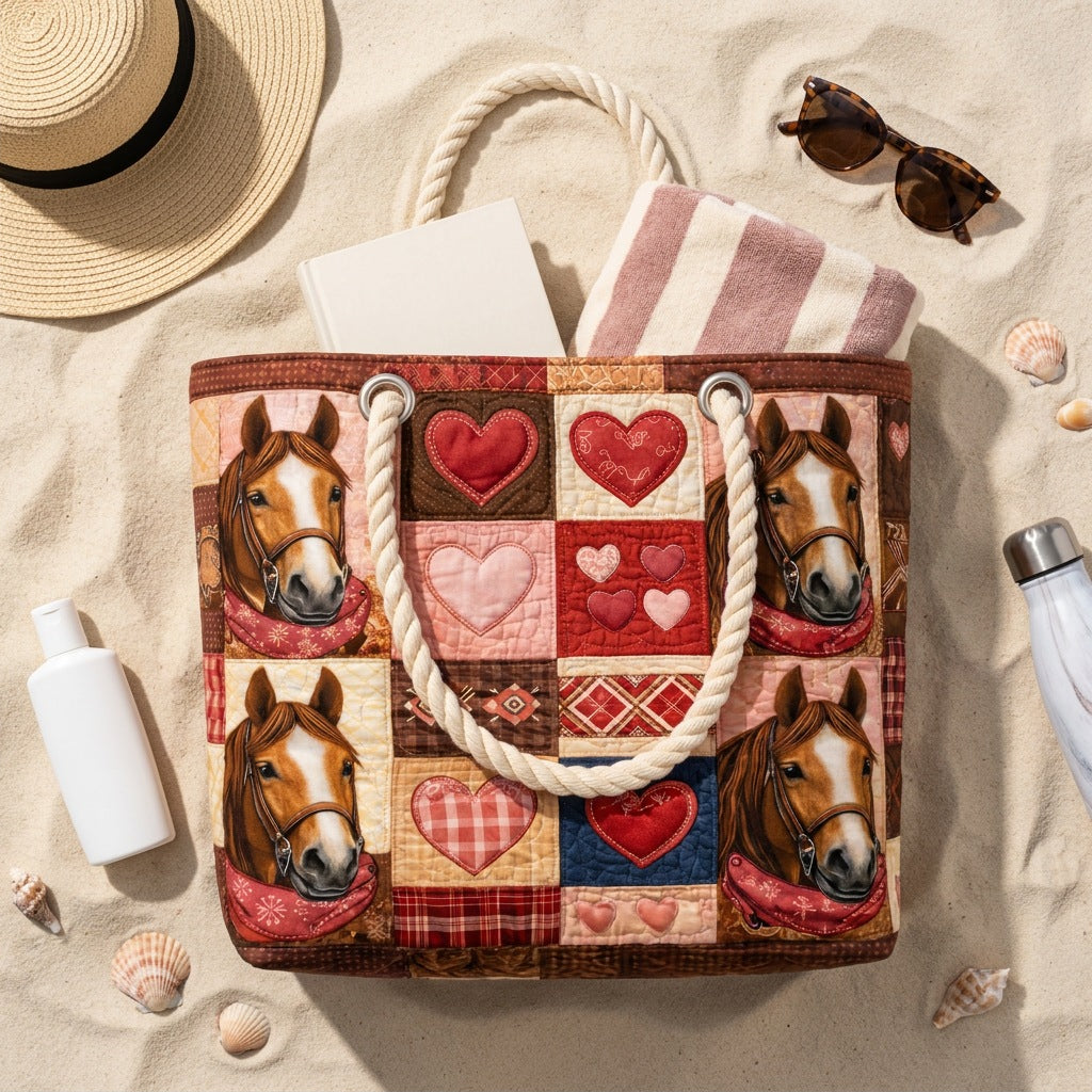 Handmade Beach Bag - Horses and Hearts flat lay with beach essentials