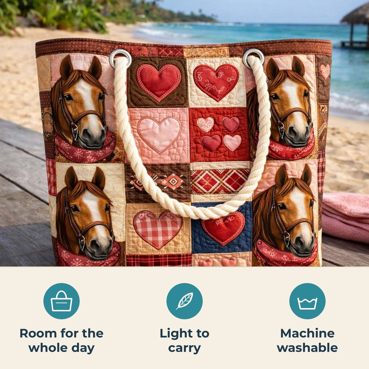 Handmade Beach Bag - Horses and Hearts features infographic