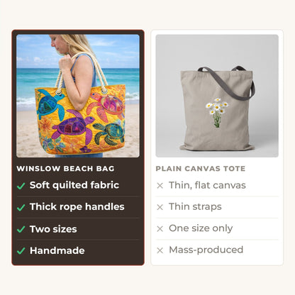 Handmade Beach Bag - Mosaic Turtles compared with a plain canvas tote