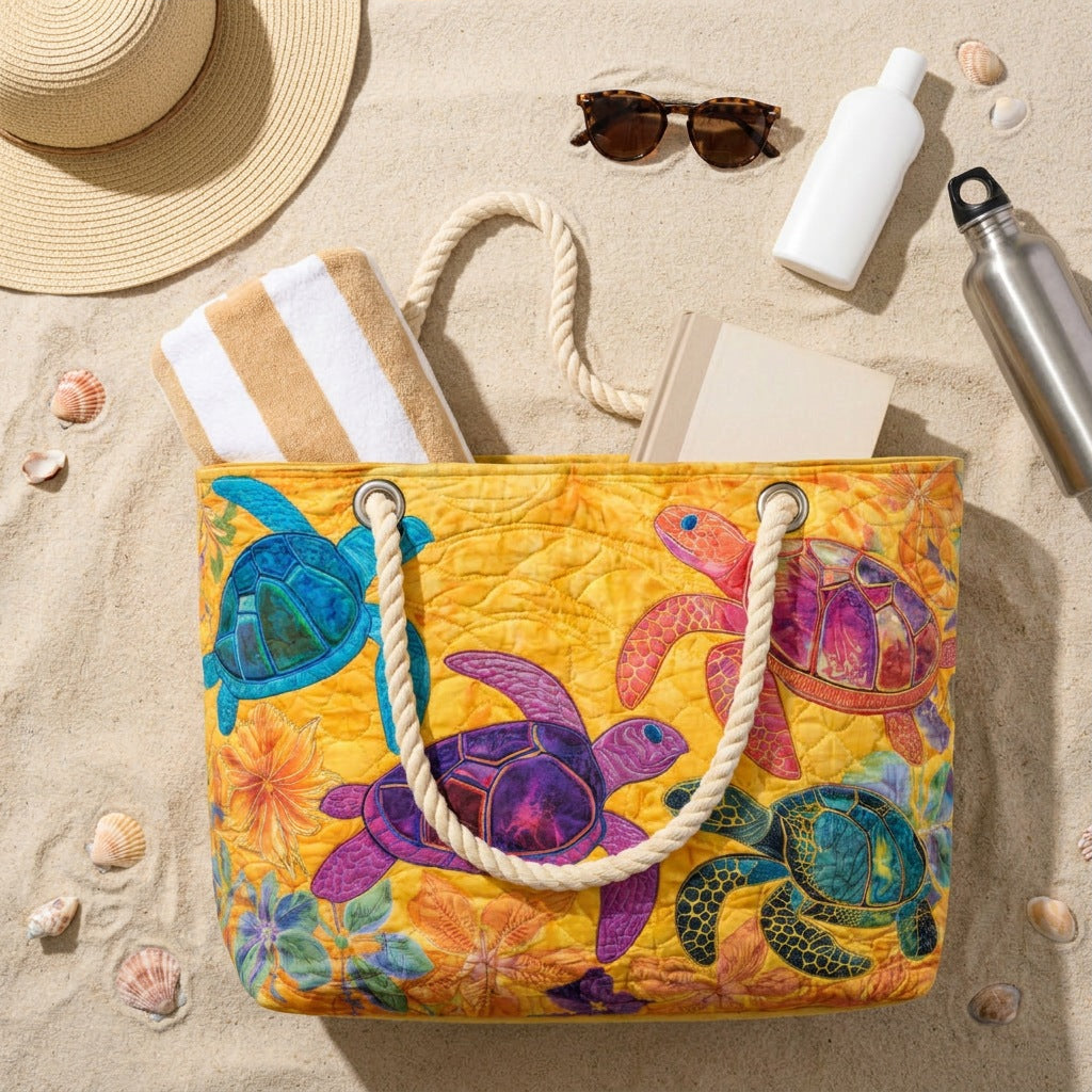 Handmade Beach Bag - Mosaic Turtles flat lay with beach essentials