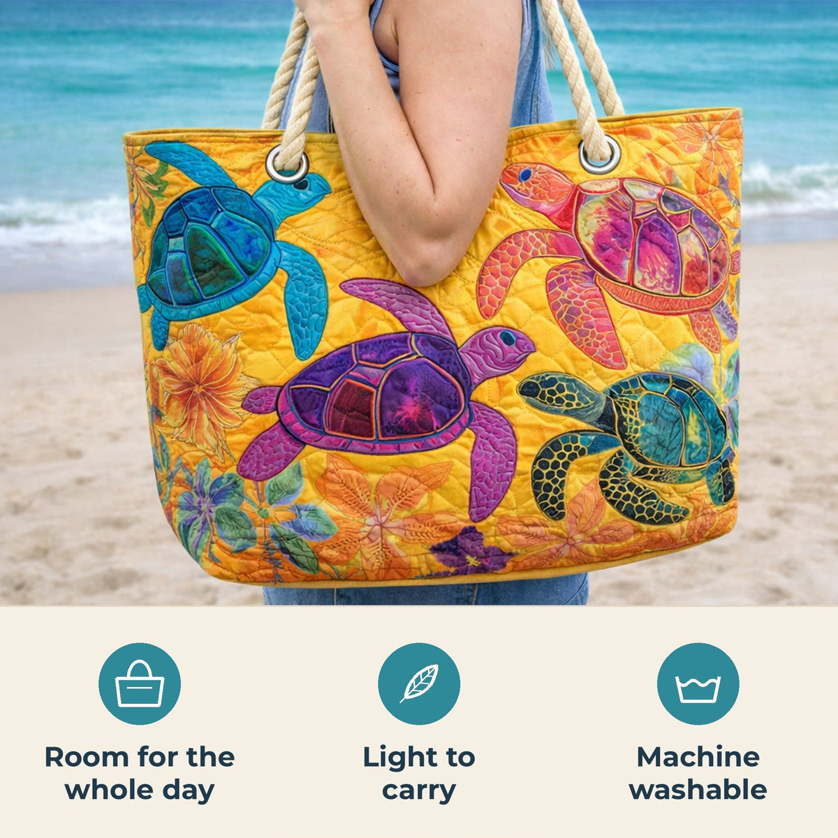 Handmade Beach Bag - Mosaic Turtles features infographic