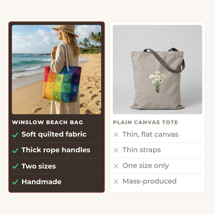 Handmade Beach Bag - Rainbow Paw Prints compared with a plain canvas tote