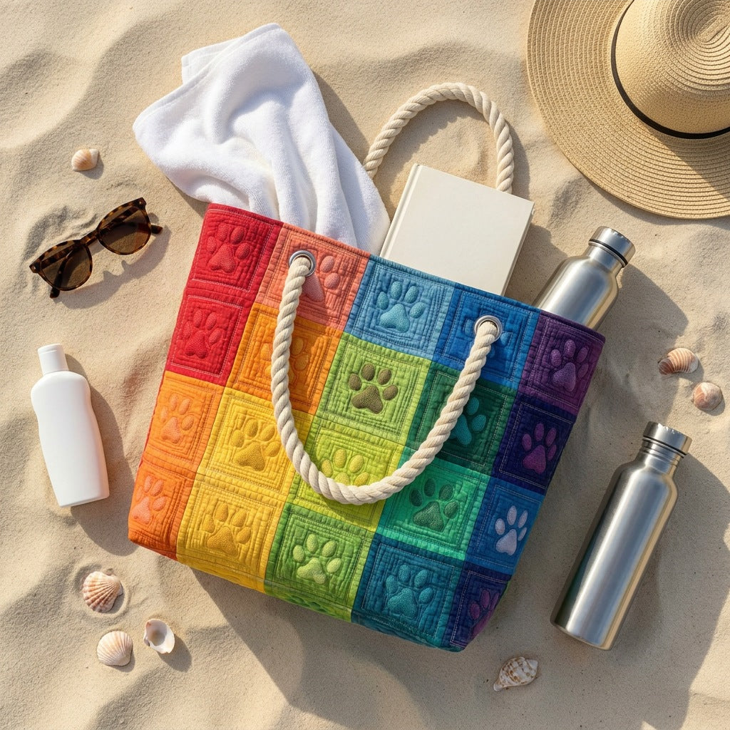 Handmade Beach Bag - Rainbow Paw Prints flat lay with beach essentials