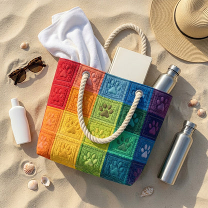 Handmade Beach Bag - Rainbow Paw Prints flat lay with beach essentials