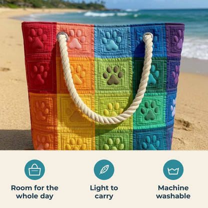 Handmade Beach Bag - Rainbow Paw Prints features infographic