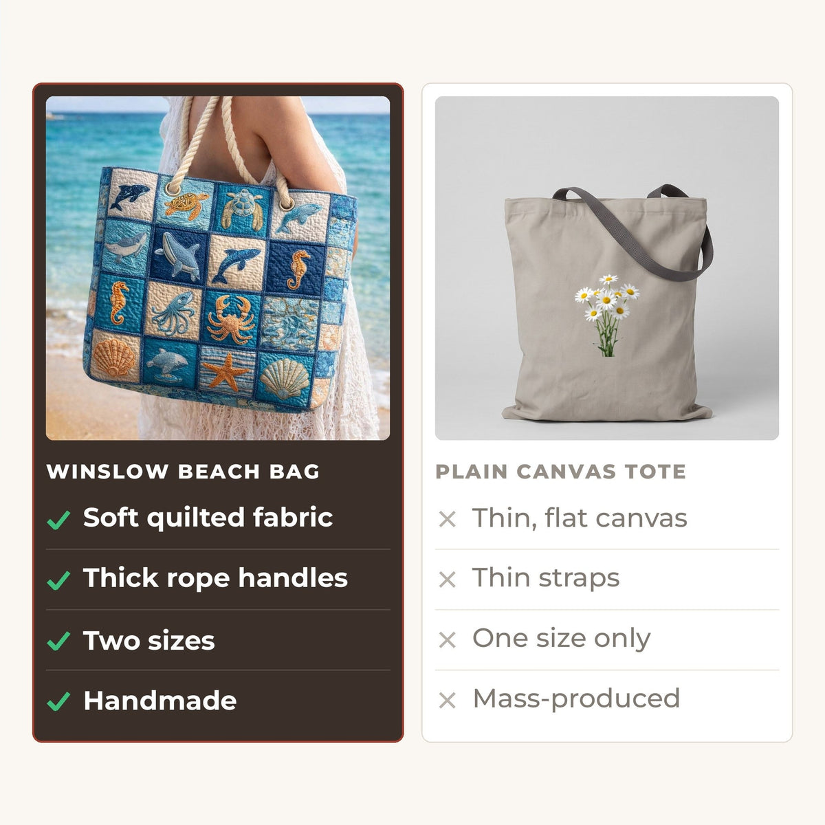 Handmade Beach Bag - Sea Life Patchwork compared with a plain canvas tote