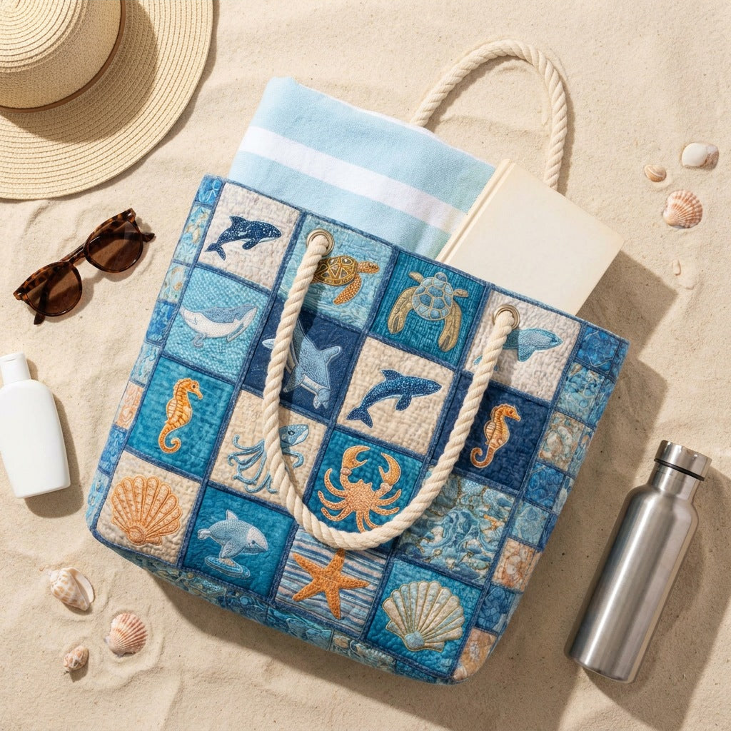 Handmade Beach Bag - Sea Life Patchwork flat lay with beach essentials