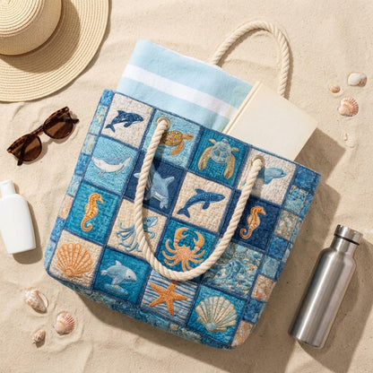 Handmade Beach Bag - Sea Life Patchwork flat lay with beach essentials