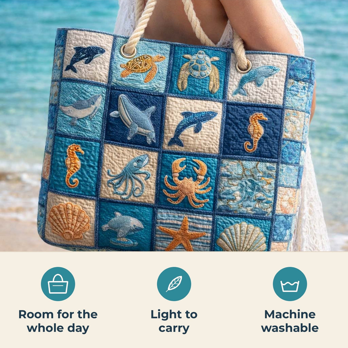 Handmade Beach Bag - Sea Life Patchwork features infographic