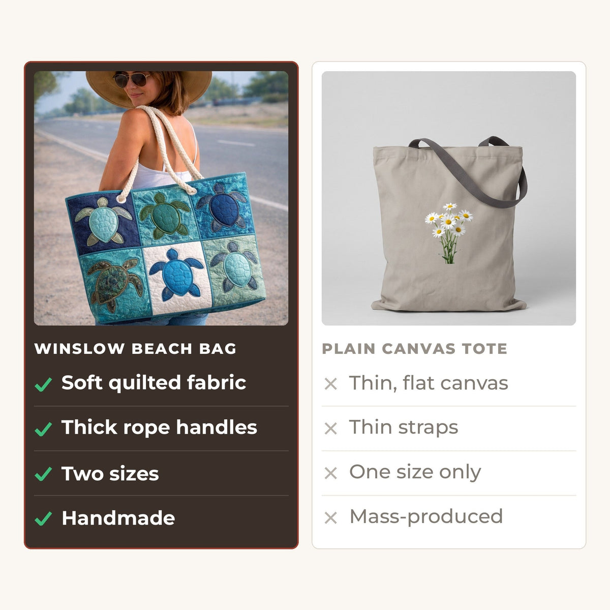 Handmade Beach Bag - Six Turtles compared with a plain canvas tote
