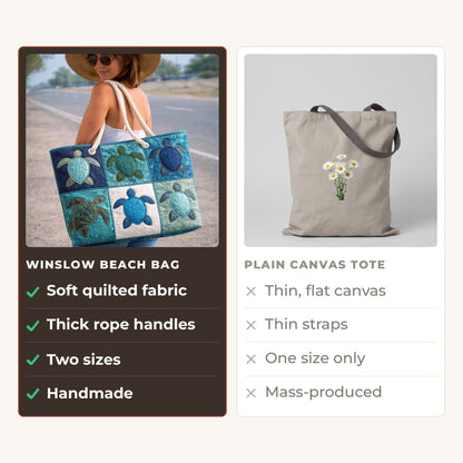 Handmade Beach Bag - Six Turtles compared with a plain canvas tote