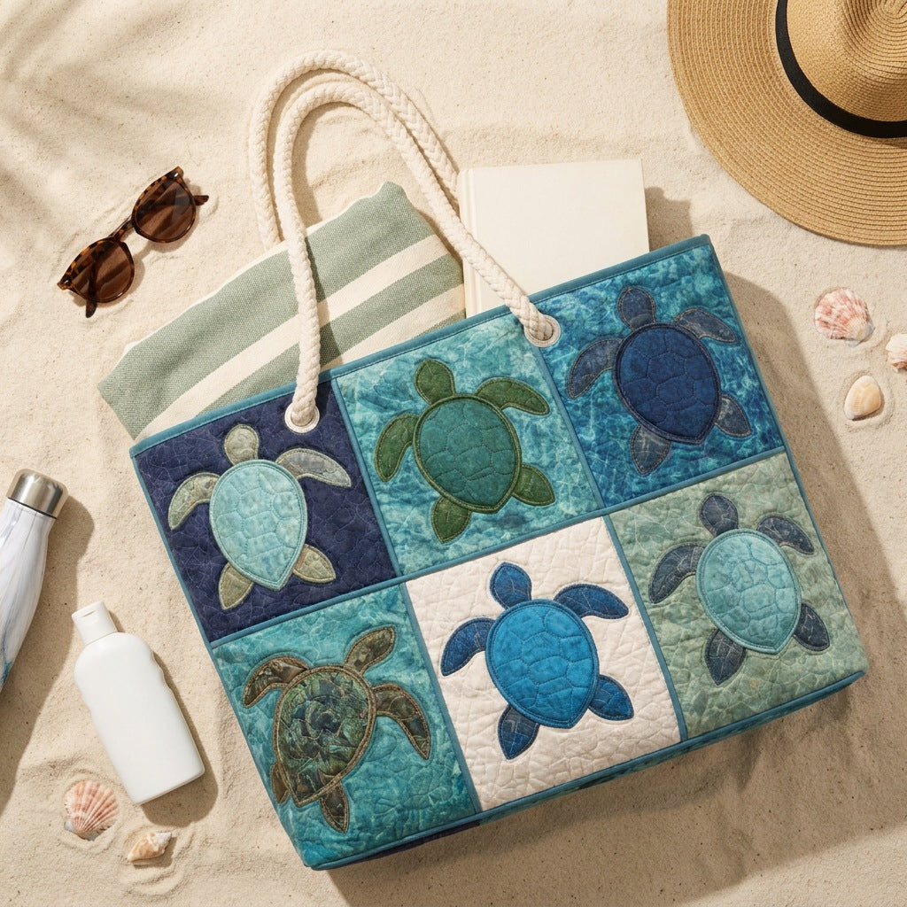 Handmade Beach Bag - Six Turtles flat lay with beach essentials