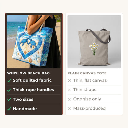 Handmade Beach Bag - Turtle Heart compared with a plain canvas tote