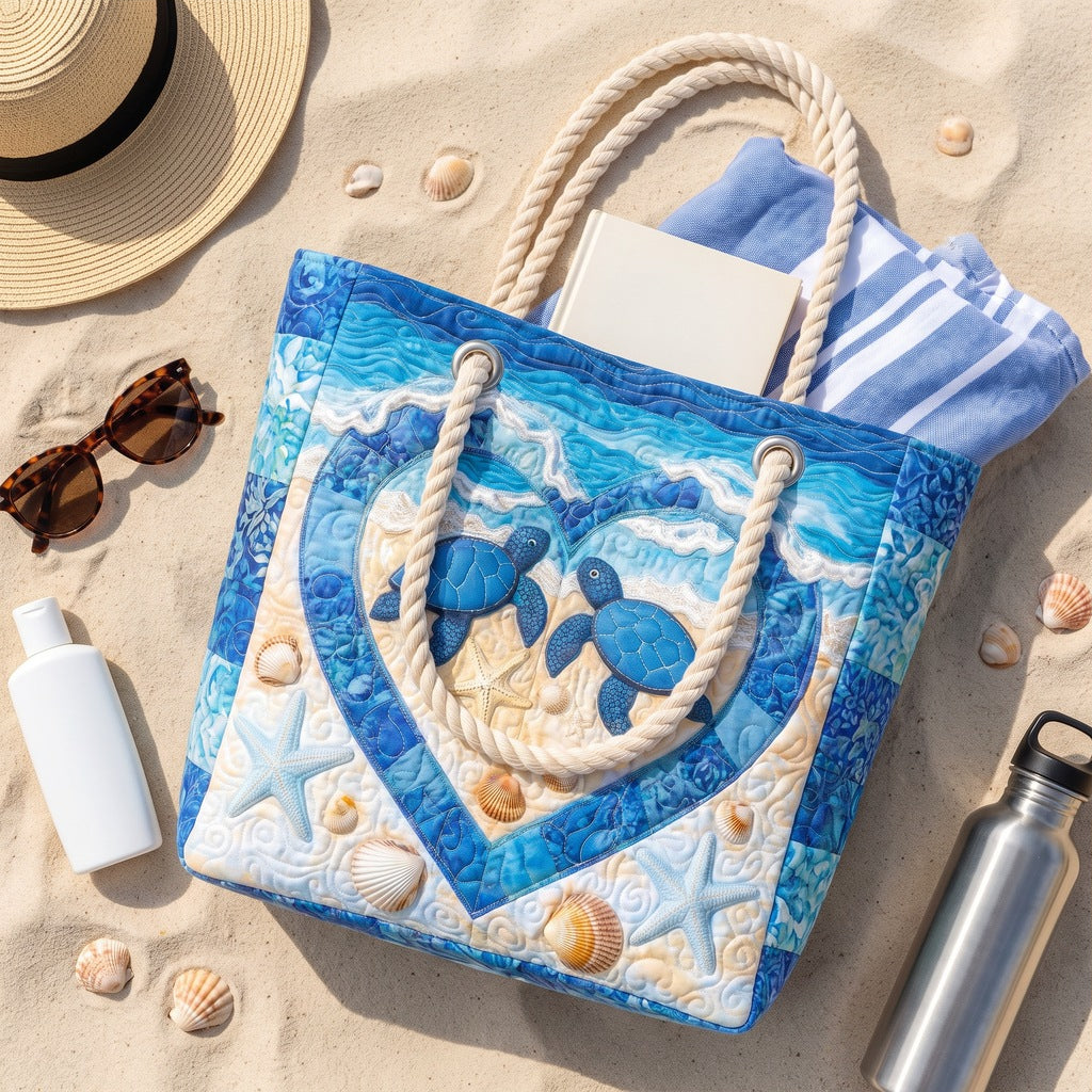 Handmade Beach Bag - Turtle Heart flat lay with beach essentials