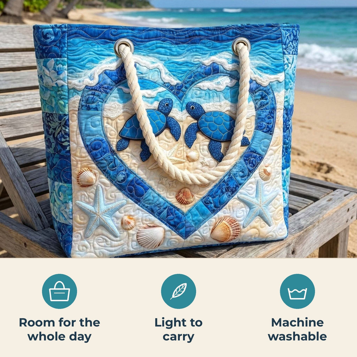 Handmade Beach Bag - Turtle Heart features infographic