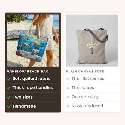 Handmade Beach Bag - Turtles and Coral compared with a plain canvas tote