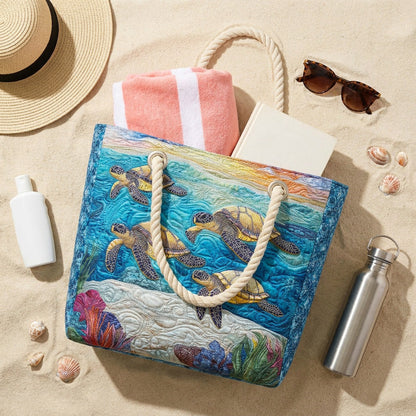 Handmade Beach Bag - Turtles and Coral flat lay with beach essentials