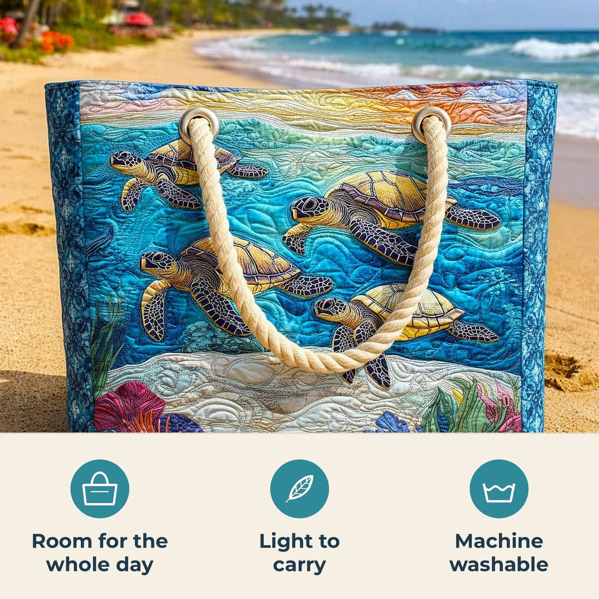 Handmade Beach Bag - Turtles and Coral features infographic