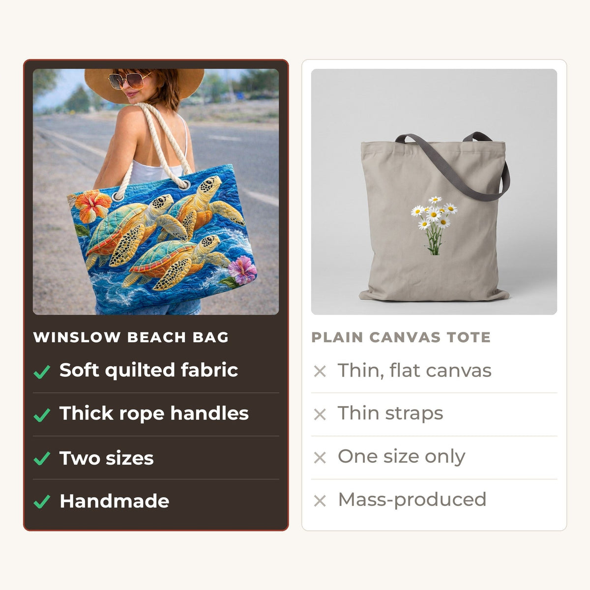 Handmade Beach Bag - Turtles and Hibiscus compared with a plain canvas tote