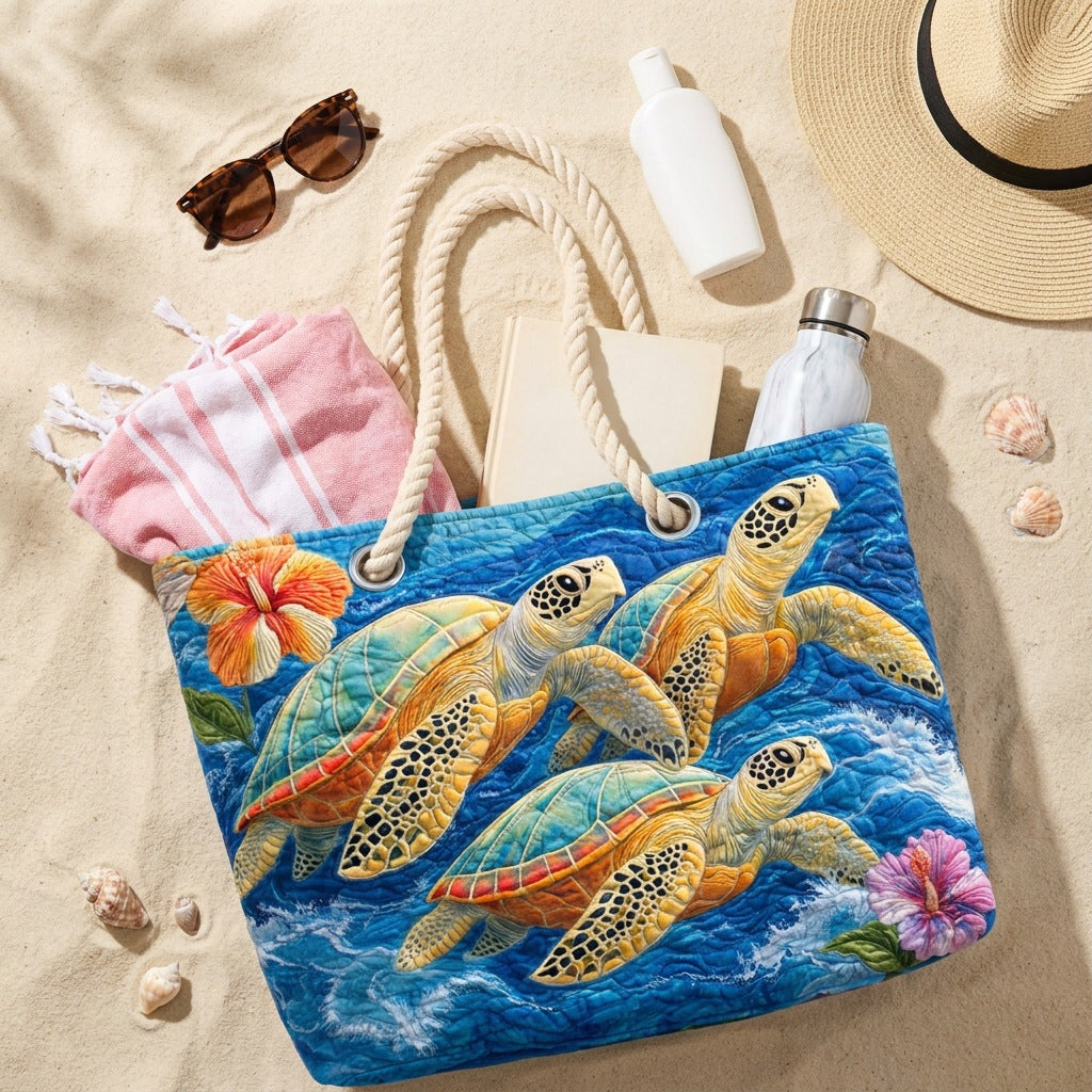 Handmade Beach Bag - Turtles and Hibiscus flat lay with beach essentials