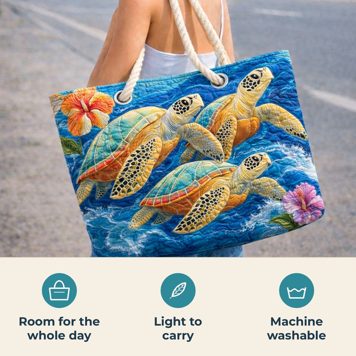 Handmade Beach Bag - Turtles and Hibiscus features infographic
