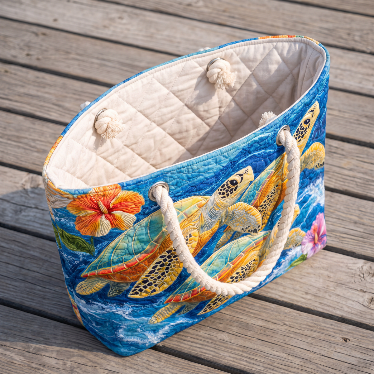 Handmade Beach Bag - Turtles and Hibiscus