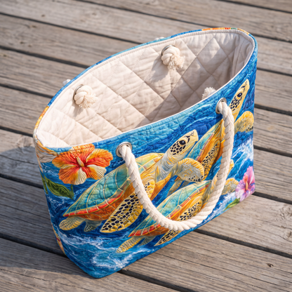 Handmade Beach Bag - Turtles and Hibiscus