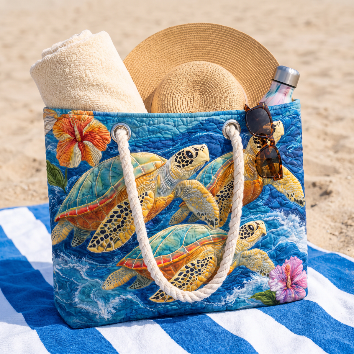 Handmade Beach Bag - Turtles and Hibiscus