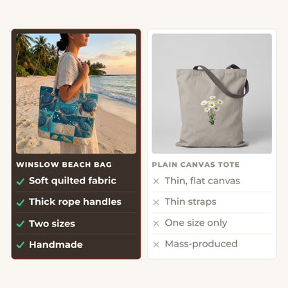 Handmade Beach Bag - Turtles and Shells Patchwork compared with a plain canvas tote