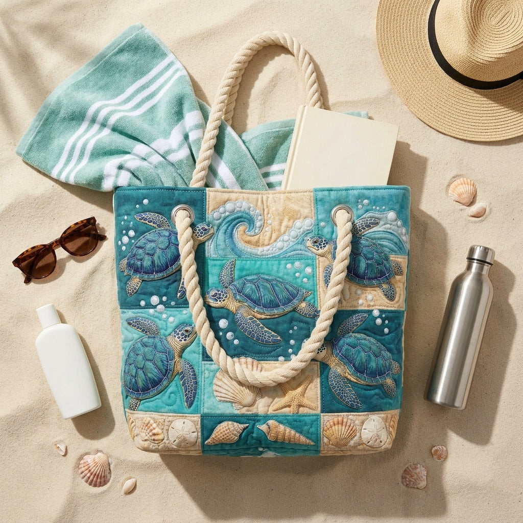 Handmade Beach Bag - Turtles and Shells Patchwork flat lay with beach essentials