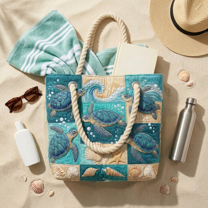Handmade Beach Bag - Turtles and Shells Patchwork flat lay with beach essentials