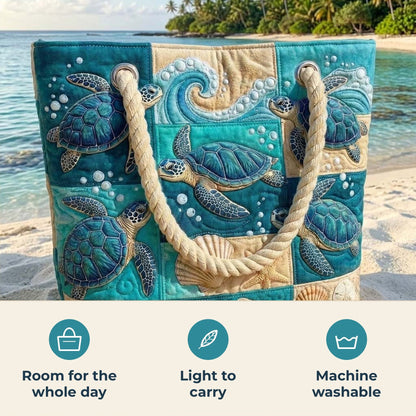 Handmade Beach Bag - Turtles and Shells Patchwork features infographic